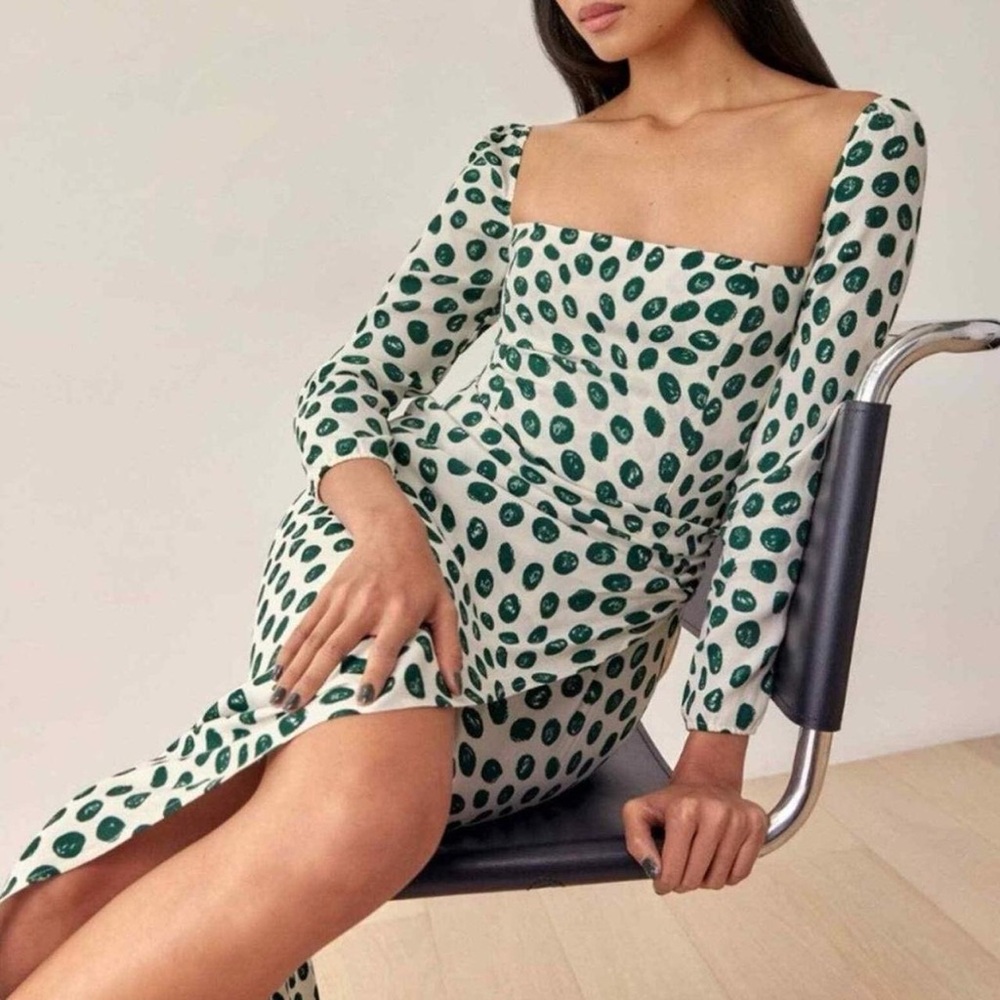 Reformation Cream and Green Long Sleeve Dress